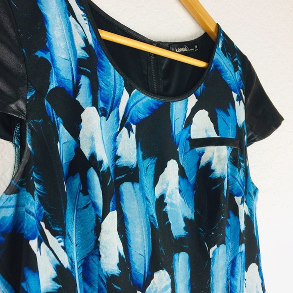 KENSIE Falling Leaves Dress Fall Blue Black Multi Feather Print Cap Sleeve 10 - Picture 10 of 12